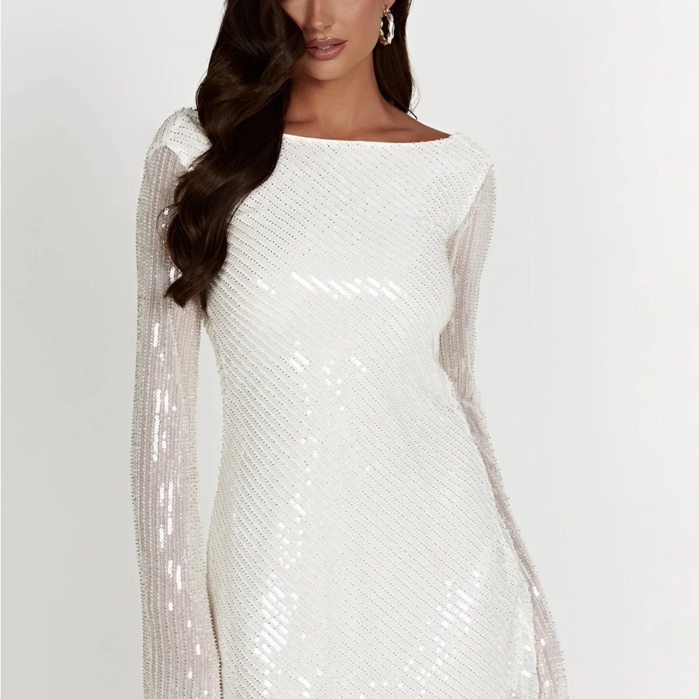 Meshki White Sequin Bell Sleeve Mini Dress